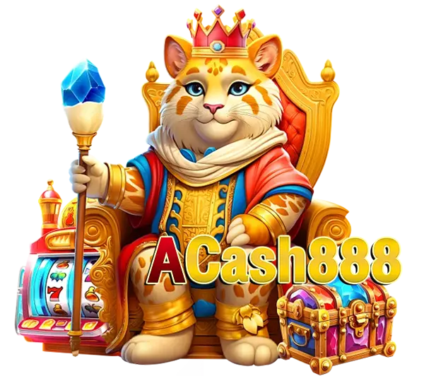 ACASH888 บทความสล็อต ภาพตัวการ์ตูนกษัตริย์นั่งบัลลังก์ล้อมรอบด้วยเหรียญทองและสัญลักษณ์คาสิโน โทนทองพรีเมียม