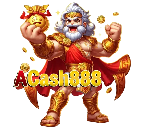 ACASH888 บทความคาสิโน ภาพเทพเจ้าถือเหรียญทองยืนท่าฮีโร่ โทนทองแดงพรีเมียมสไตล์การ์ตูน