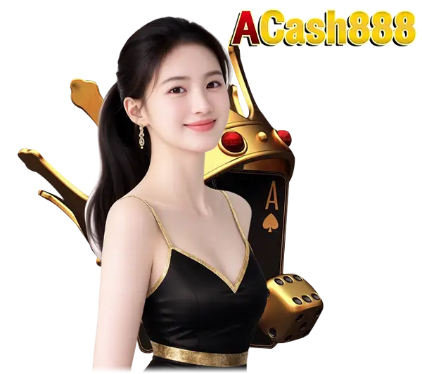 ACASH888 คาสิโนเว็บตรง ภาพผู้หญิงชุดดำพื้นหลังถ้วยรางวัลสีทอง โทนหรูหราพรีเมียม
