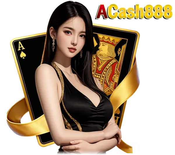 ACASH888 คาสิโนออนไลน์ ภาพผู้หญิงชุดดำคู่ไพ่เอซโพดำ พื้นหลังริบบิ้นทองและโลโก้โทนพรีเมียม