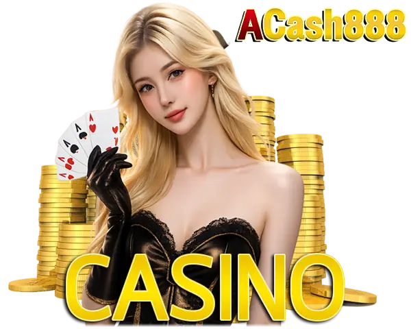 ACASH888 คาสิโนออนไลน์ ไอคอนผู้หญิงผมบลอนด์พร้อมไพ่และกองเหรียญทอง โทนทองหรูหราพรีเมียม