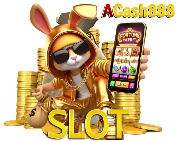 ACASH888 สล็อตเว็บตรง ไอคอนกระต่ายสีทองใส่แว่นดำถือมือถือ รายล้อมด้วยเหรียญทองโทนพรีเมียม